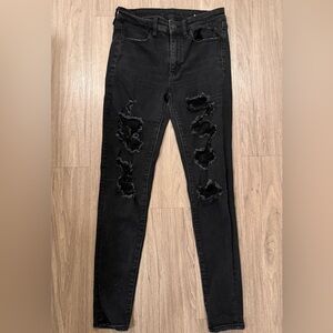 American Eagle Stretch Jeans Black Denim Distressed Front Size 6